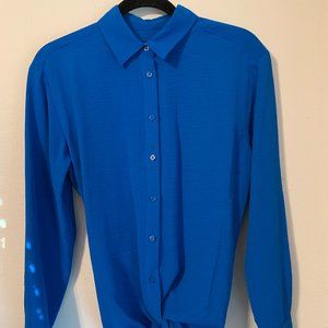 Calvin Klein Point Collar Long Sleeve Front Twisted Button Front Blouse